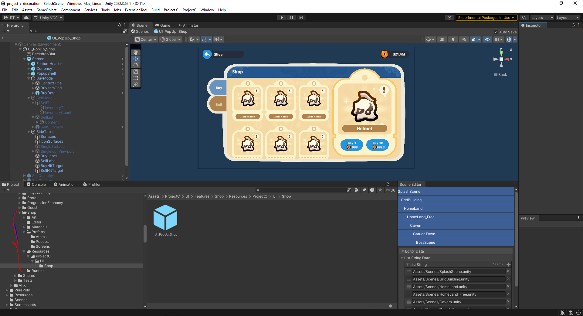 NPC Shop module separated into Screens, Popups, and Atoms in Unity
