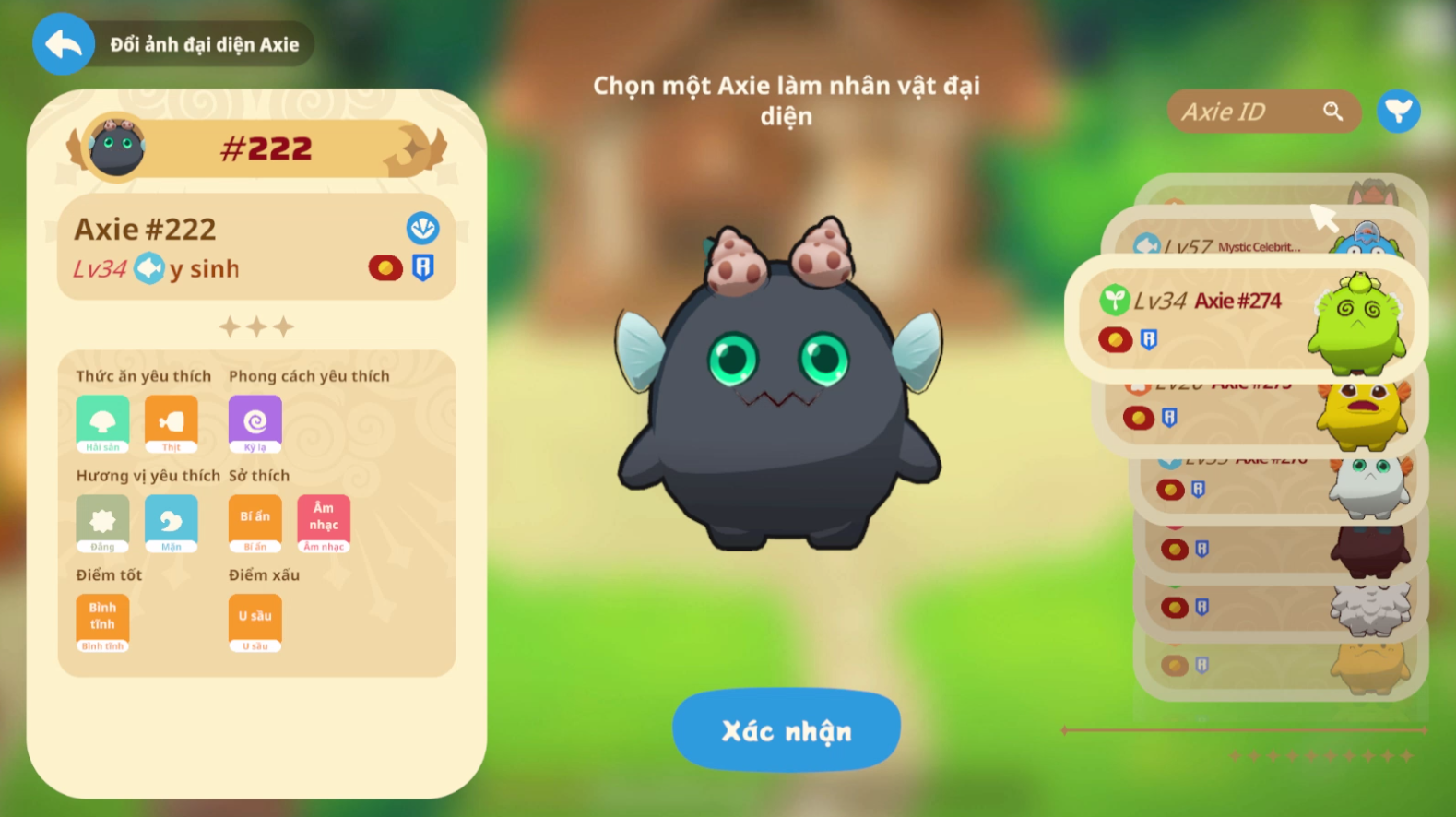 Axie avatar selection screen in Lunacia