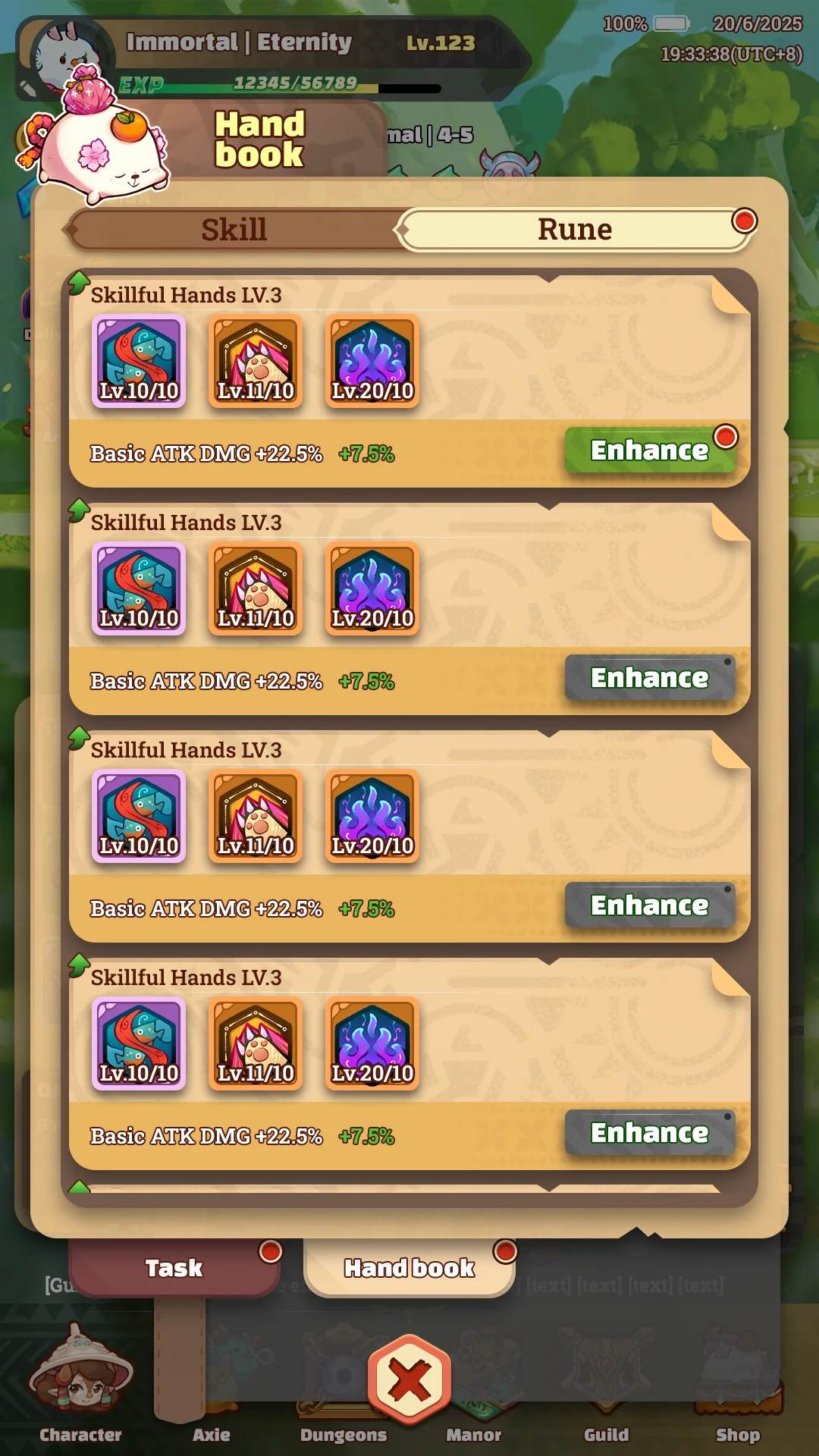 Project Idle Handbook for upgrading skills and runes