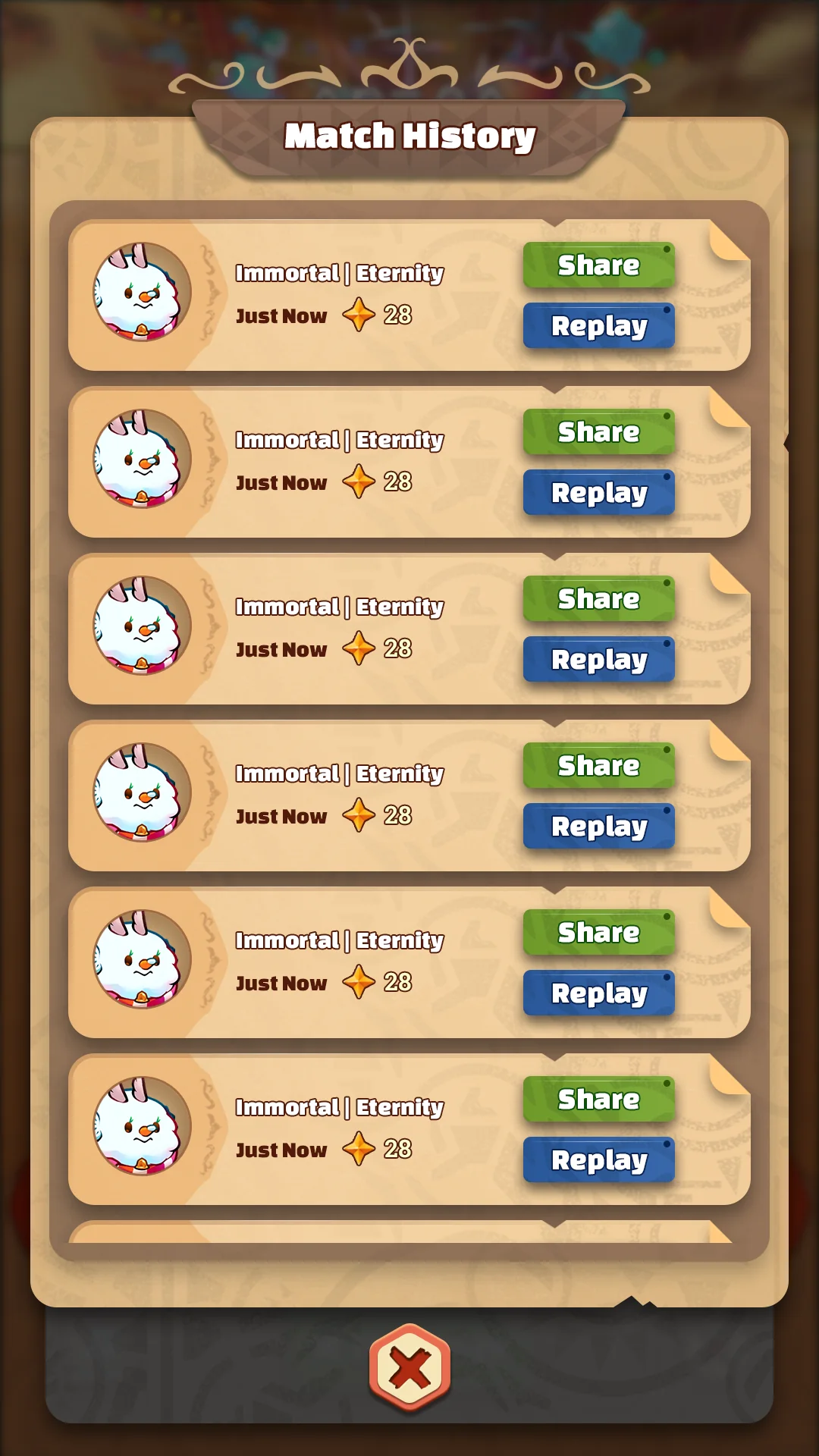 Match history screen in Project Idle