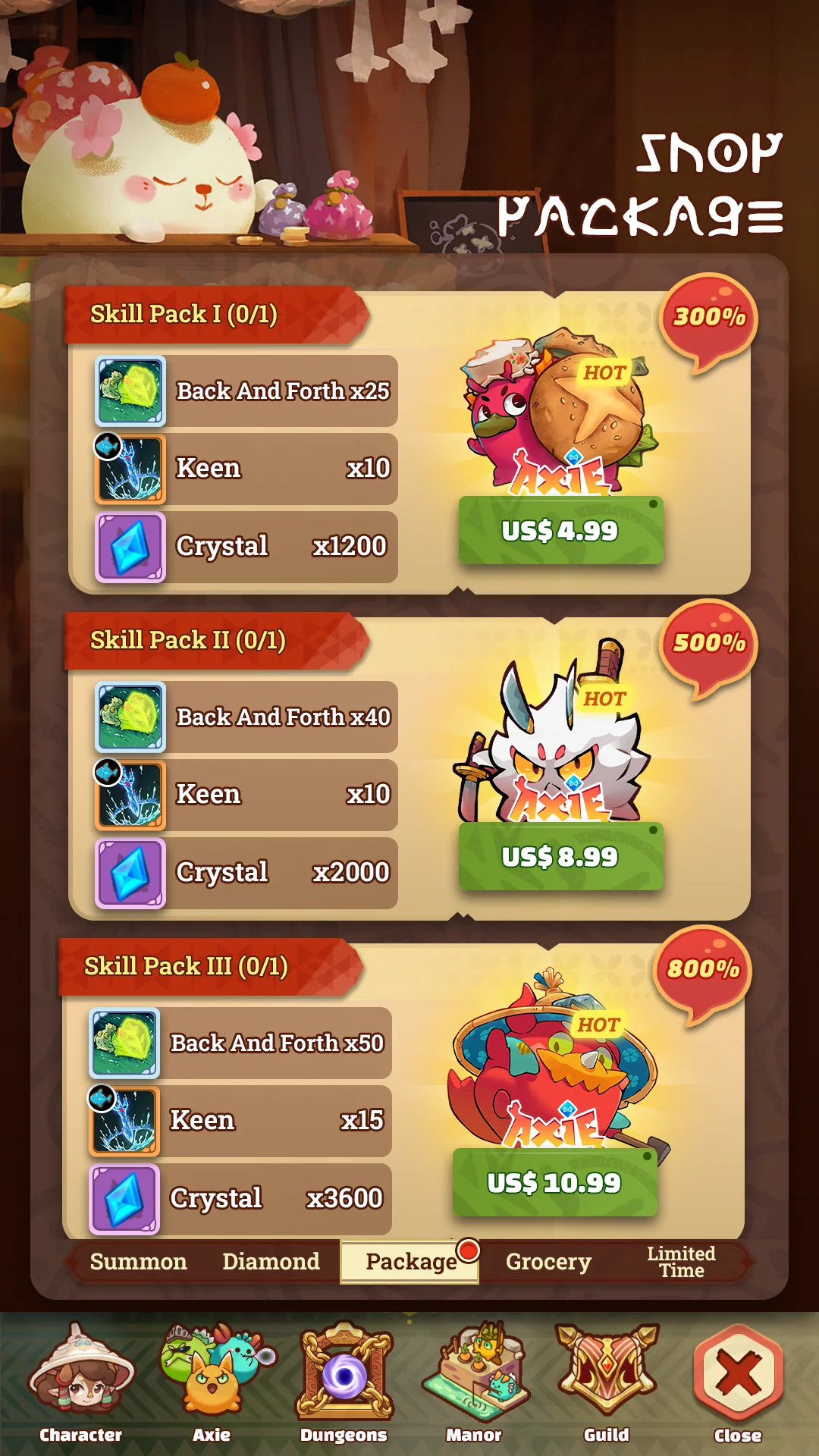 Shop package screen in Project Idle
